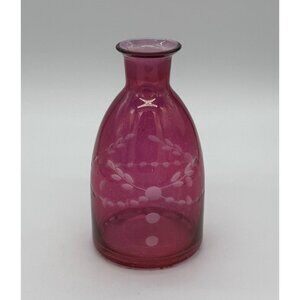 Vintage Czech Etched Cranberry Glass Cut-To-Clear Vase/Decanter